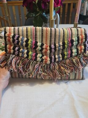 Stella & Dot Multicolor Woven Fringe Clutch Bag